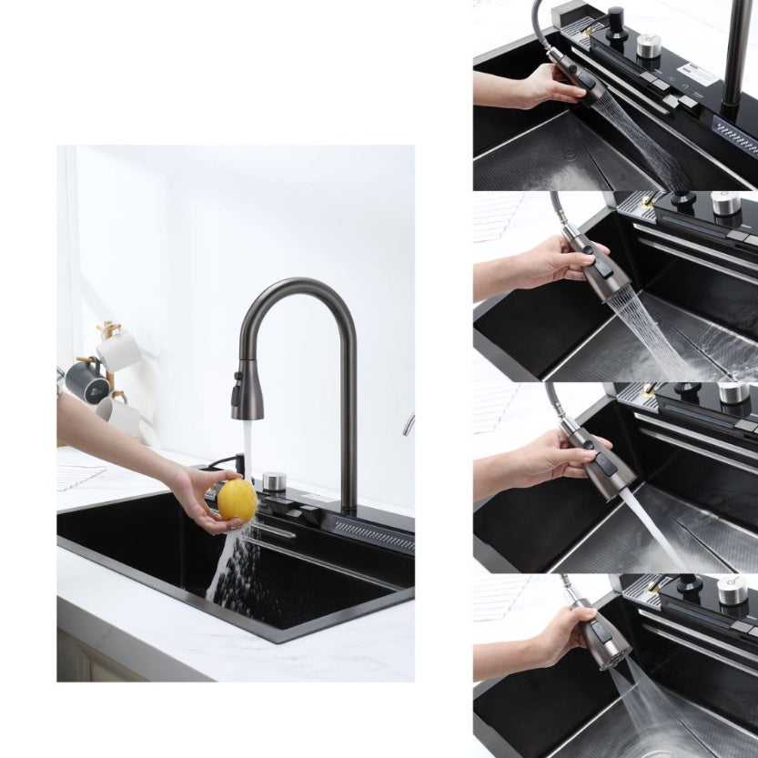 Modern black kitchen sink with multifunction pull-down faucet, showing various spray modes.