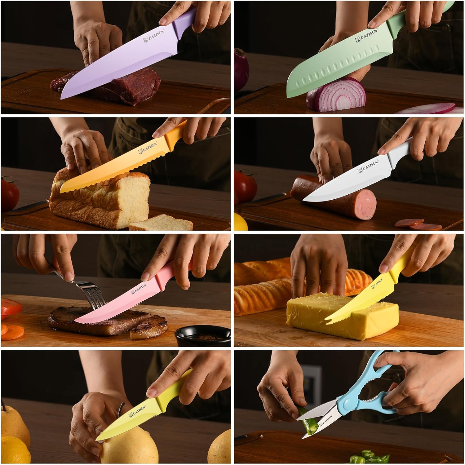 Colorful kitchen knives and scissors set slicing meat, bread, onion, fruit, cheese, and vegetables on a wooden board.