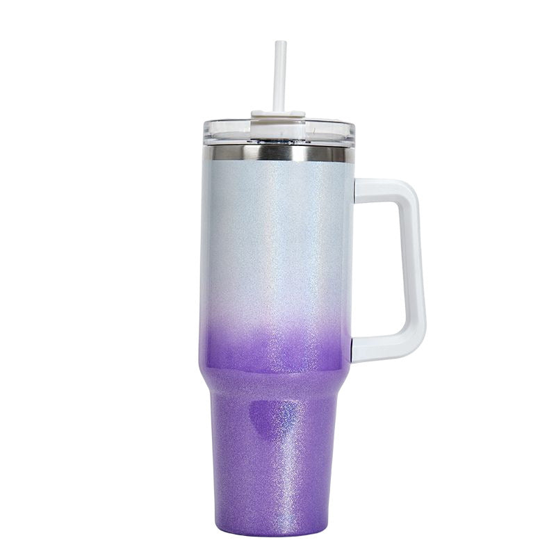Ombre purple and silver glitter tumbler with handle, clear lid, and straw