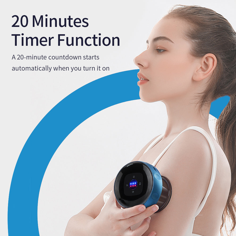 Woman using digital cupping therapy massager on shoulder, 20-minute timer feature highlighted