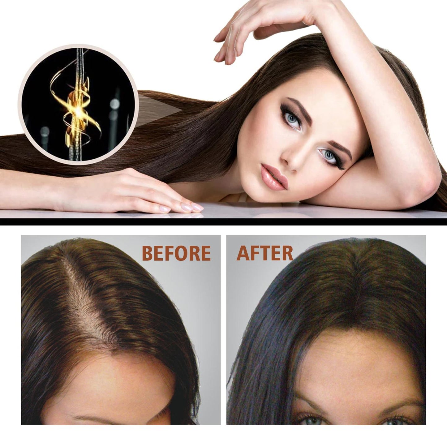 Woman with smooth, shiny hair and before-and-after shots of hair thickening results