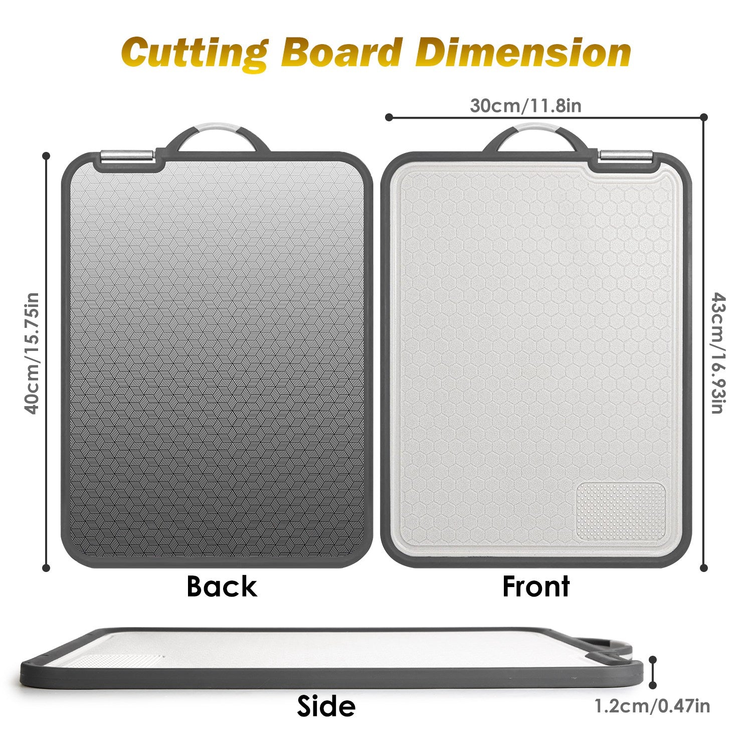 Rectangular plastic cutting board with gray trim, textured surface, and labeled dimensions in centimeters and inches.