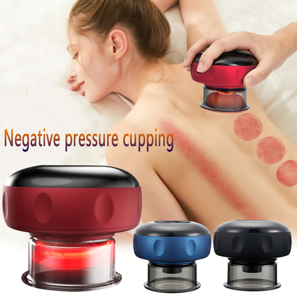 Electric cupping therapy device used on woman's back, showing suction marks, pain relief, massage