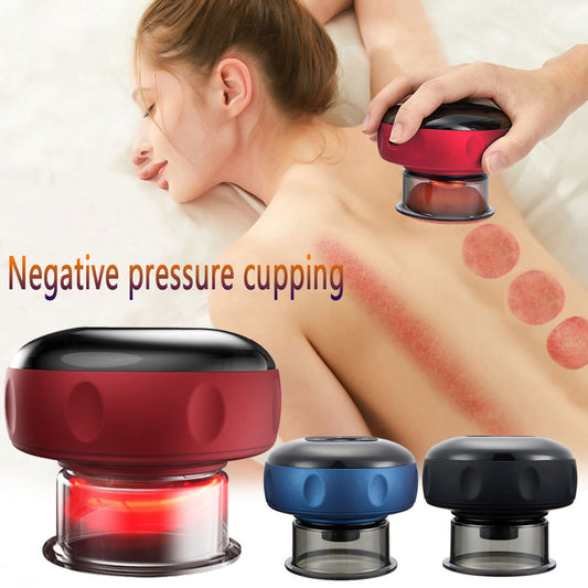 Electric cupping therapy device used on woman's back, showing suction marks, pain relief, massage