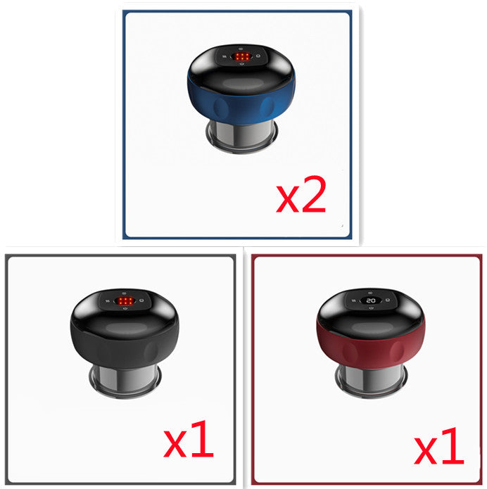 Set of four electronic massage devices in blue, black, and red with digital displays.