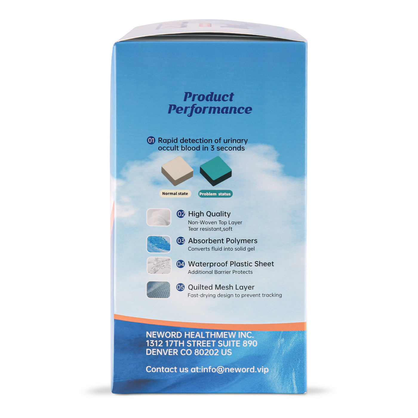 Product packaging for urinary test pads highlighting rapid detection, absorbent polymers, waterproof plastic, and quilted mesh layers on a blue background.
