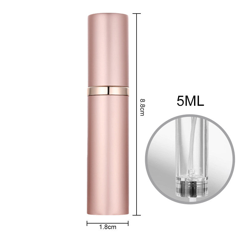 Rose gold 5ml refillable perfume spray bottle with size dimensions, travel accessory