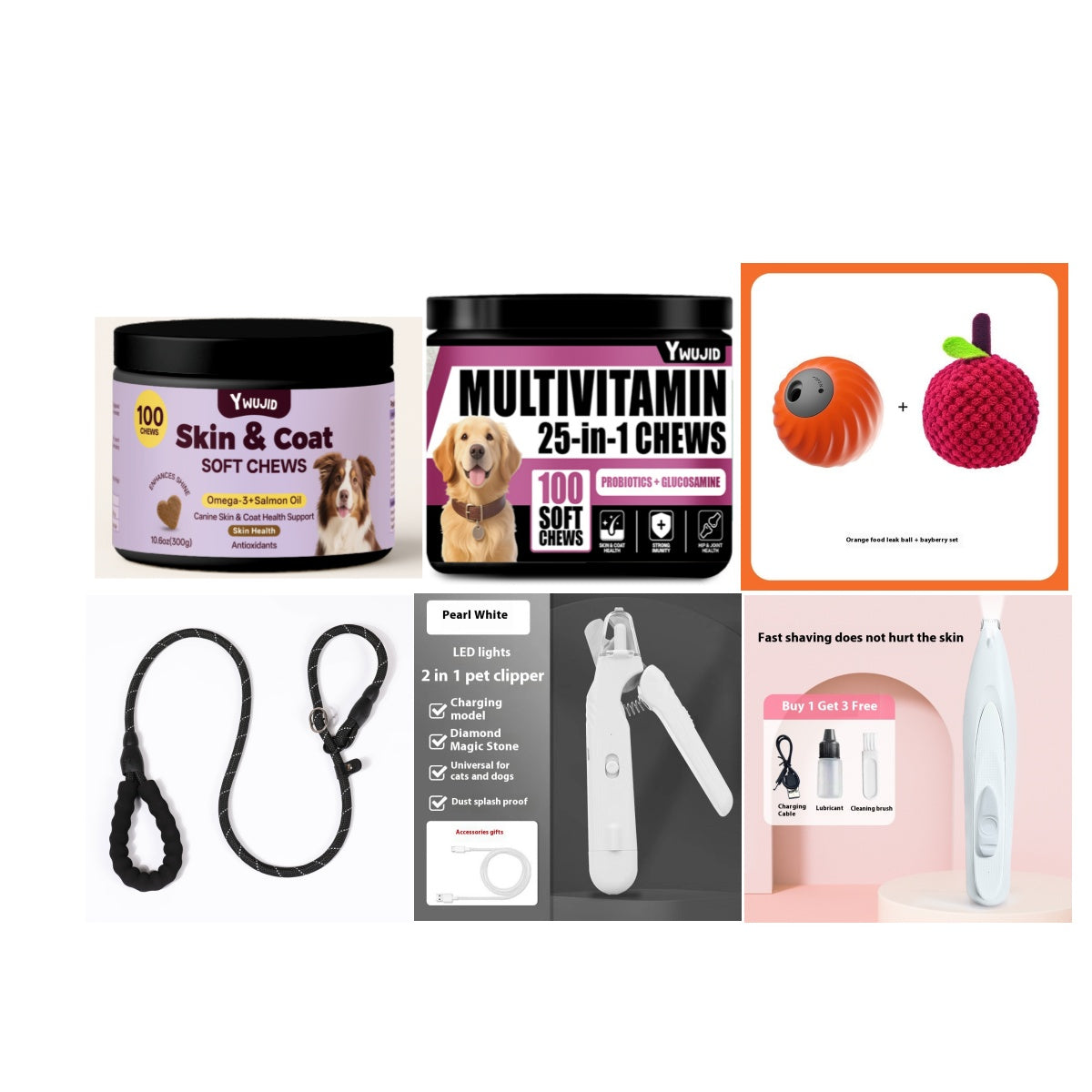 Collage of dog pet products including skin and coat soft chews, multivitamin chews, toys, leash, pet clipper, and grooming trimmer.