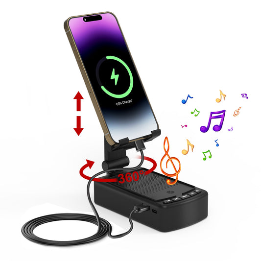 Adjustable phone charging stand with built-in speaker, USB cable, music notes illustrated