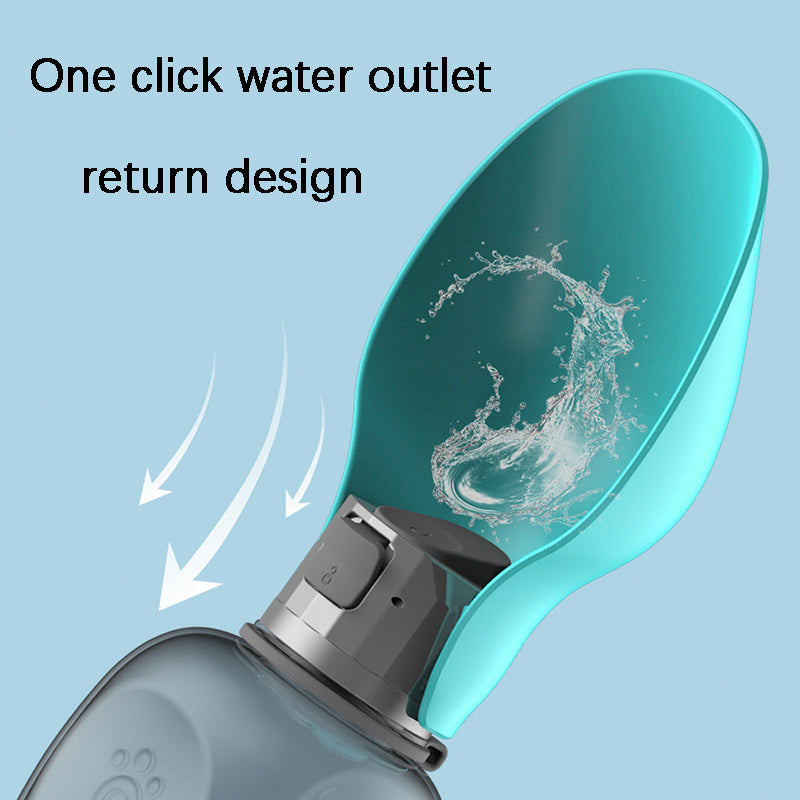 Portable pet water bottle with one-click water outlet and return design, turquoise bowl