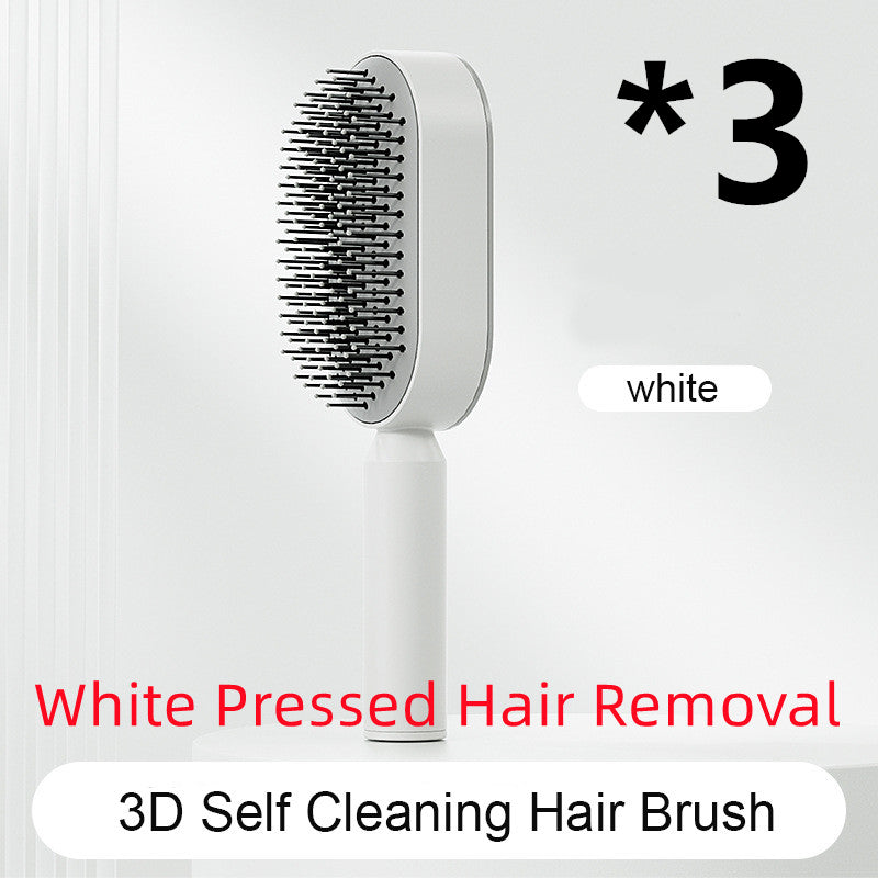 White 3D self-cleaning hair brush with pressed hair removal feature, minimalist design