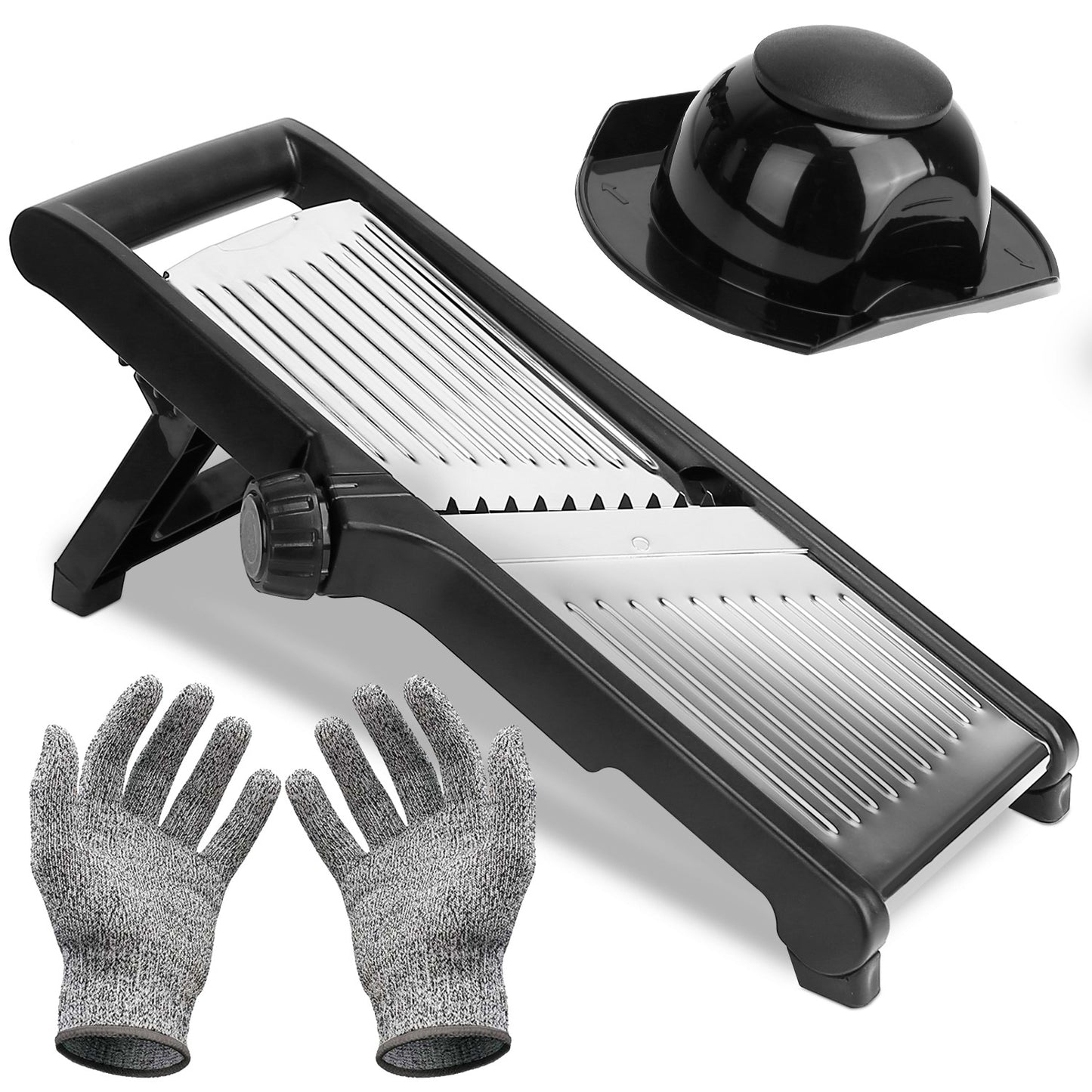 Adjustable kitchen mandoline slicer with safety gloves and hand guard on white background.