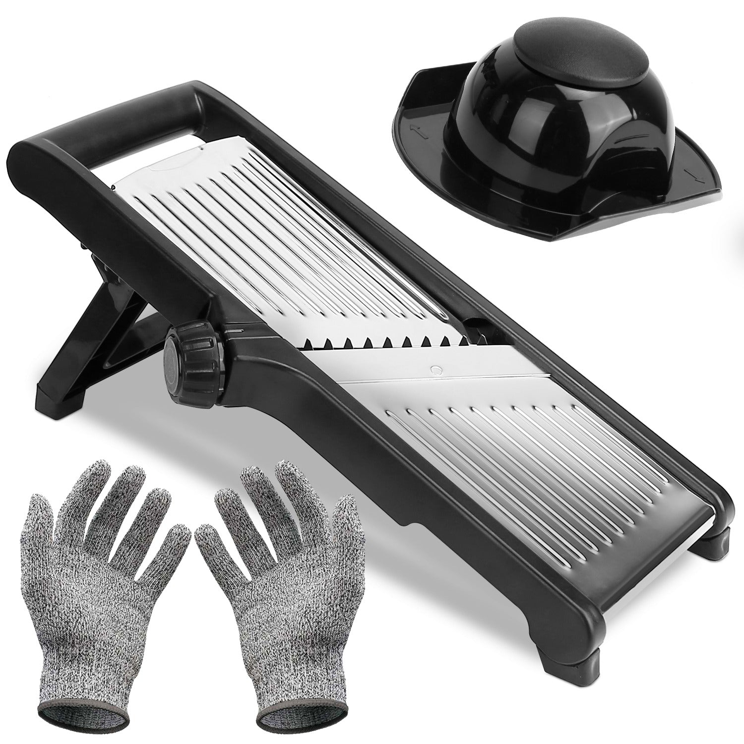 Adjustable kitchen mandoline slicer with safety gloves and hand guard on white background.
