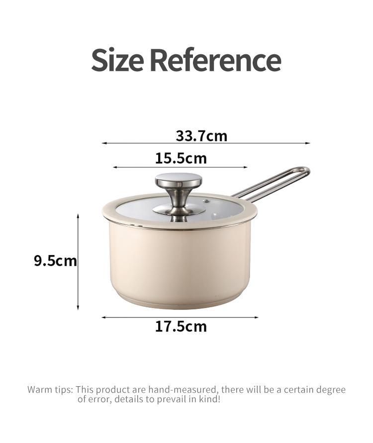 Beige saucepan with lid, stainless steel handle, and detailed size measurements in centimeters.