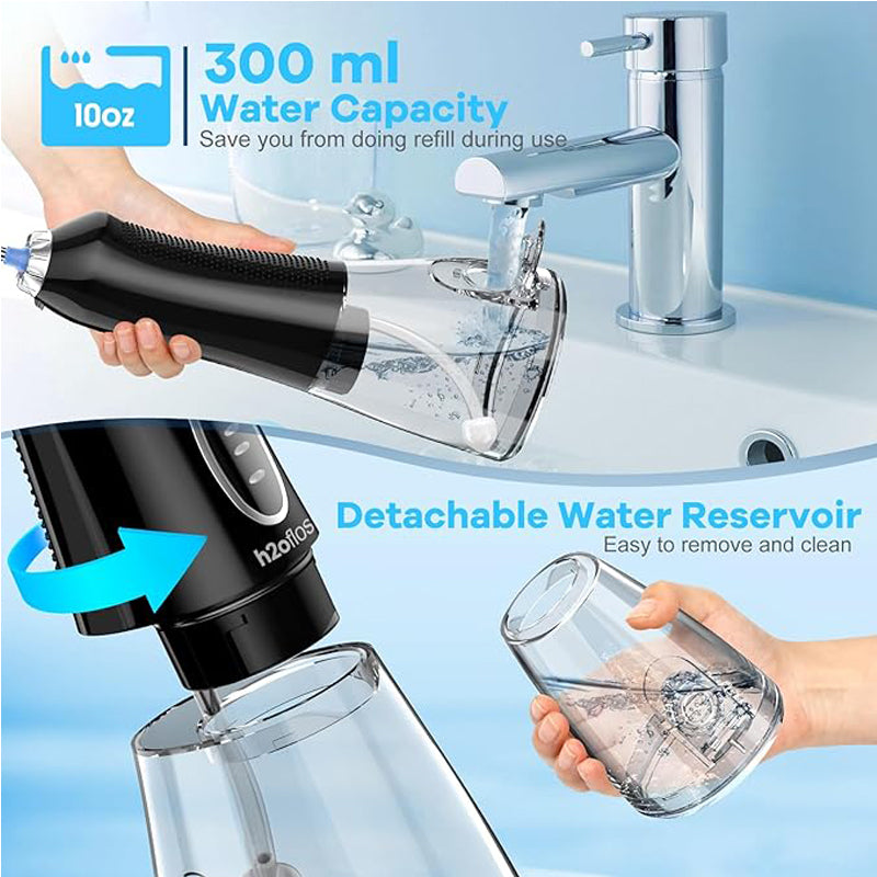 Hand holding water flosser with 300ml detachable water reservoir near bathroom sink