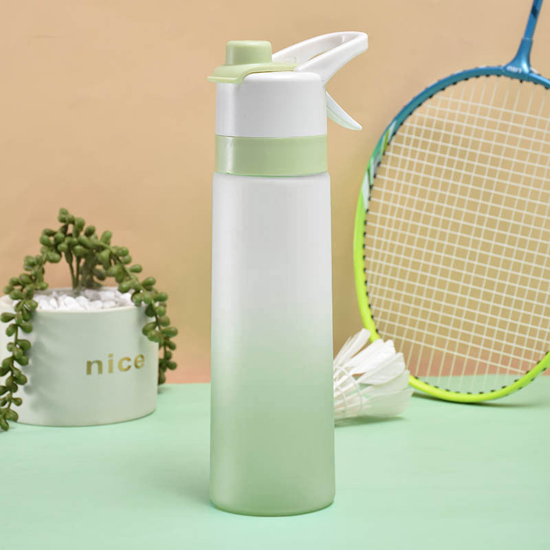 Frosted green sports water bottle with flip lid, badminton racket, and shuttlecock