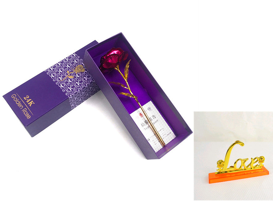 24K gold dipped rose gift in purple box with gold 'Love' display stand