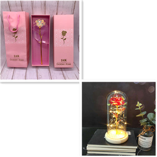 24K gold plated artificial roses in pink gift boxes and a glass dome with LED lights