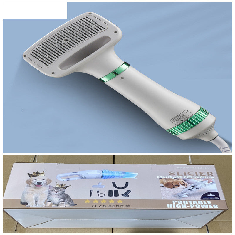 Portable high-power pet vacuum brush and packaging with dog and cat image, grooming tool.
