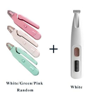 Pet nail clippers in white, green, and pink next to an electric pet nail grinder in white