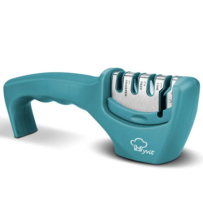 Teal manual knife sharpener with ergonomic handle and three sharpening slots