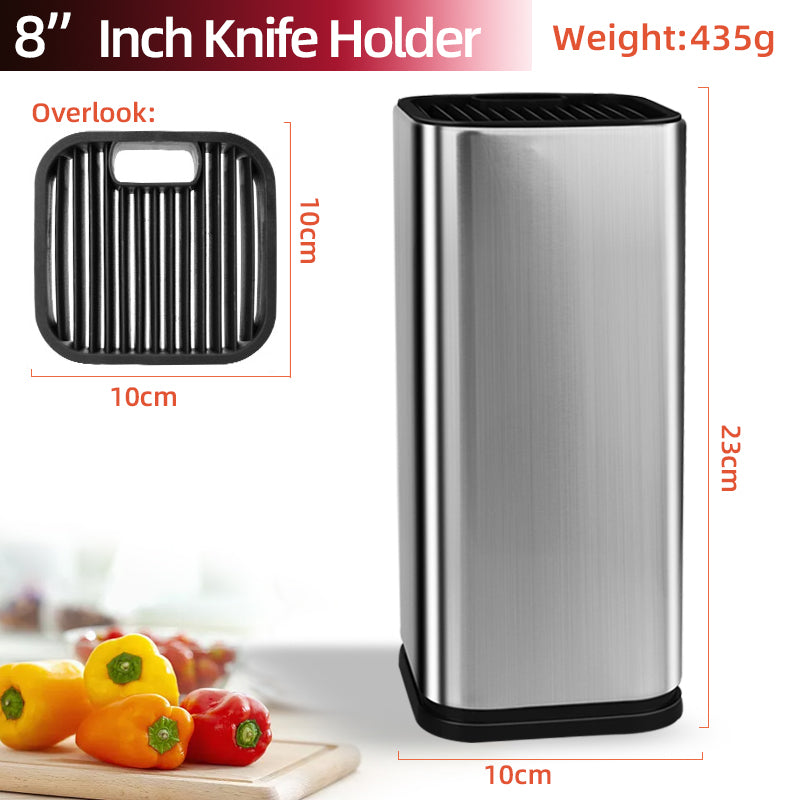 Stainless steel 8-inch knife holder with vertical slots, 23x10x10cm, 435g, kitchen countertop.