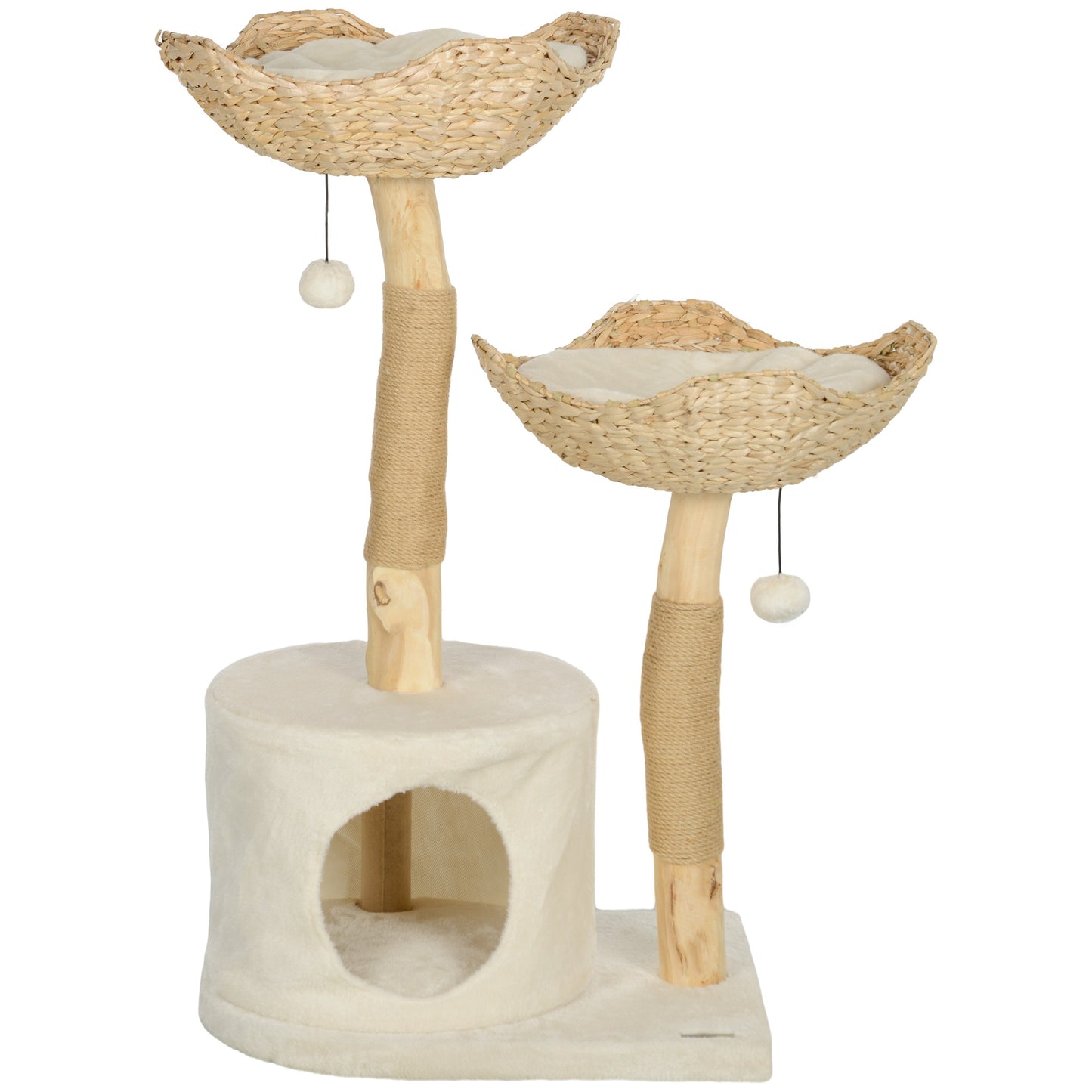 Natural woven cat tree with sisal scratching posts, two elevated beds, and hanging toys